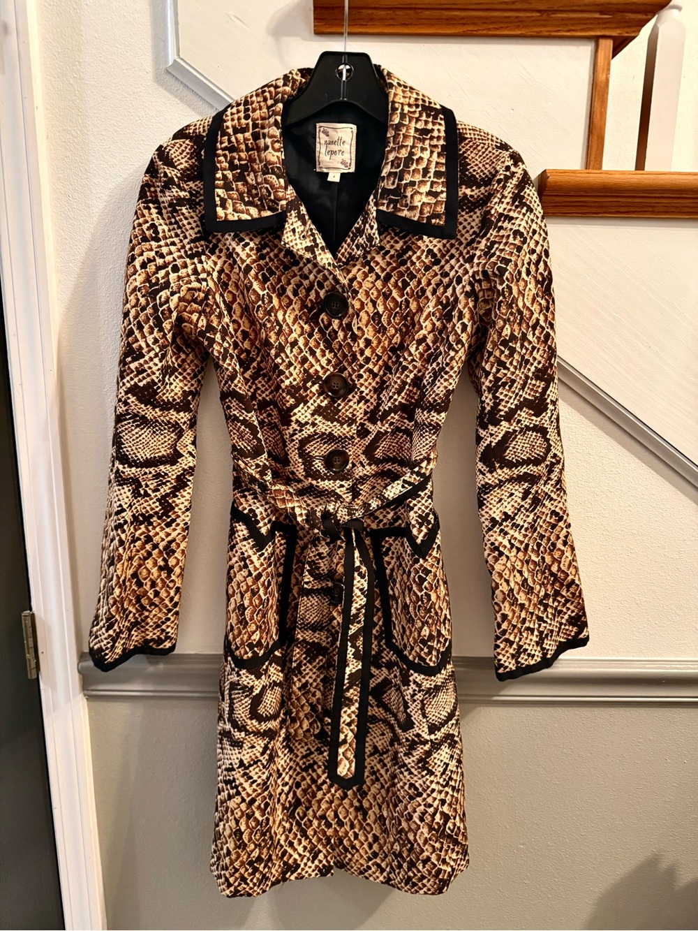 Nanette Lepore Brown Snake-Print Belted Pea Coat cotton / silk